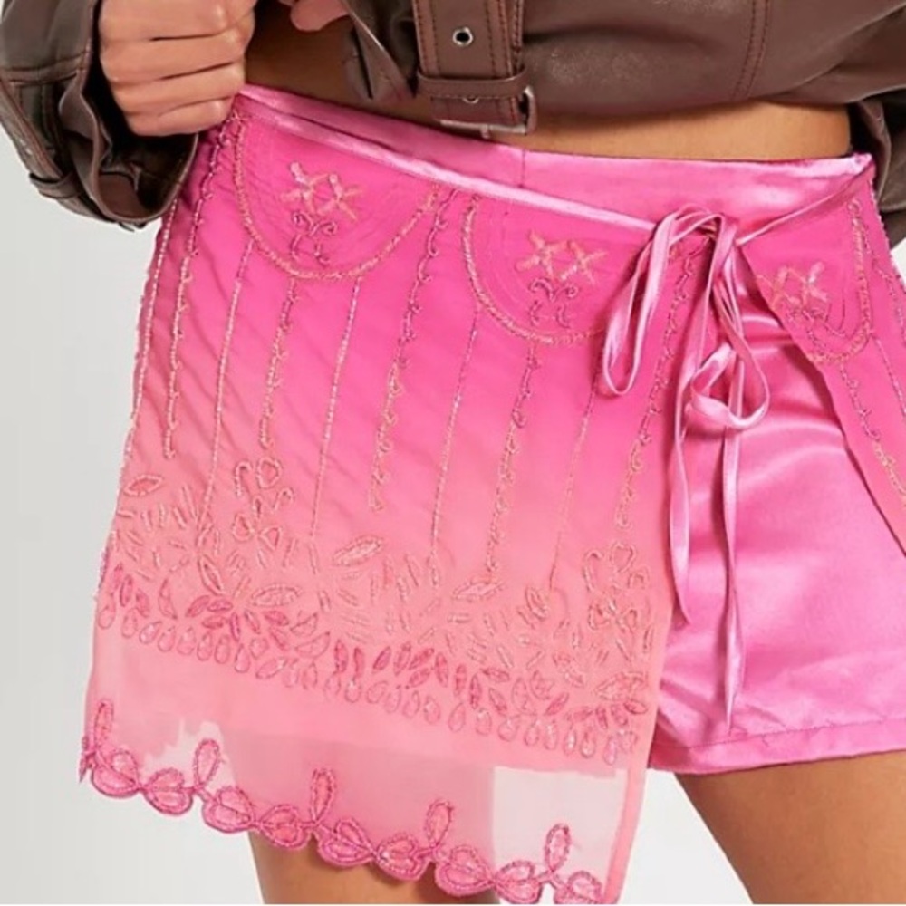 Pink Embroidered Mini Wrap Skirt - Picture 3 of 6